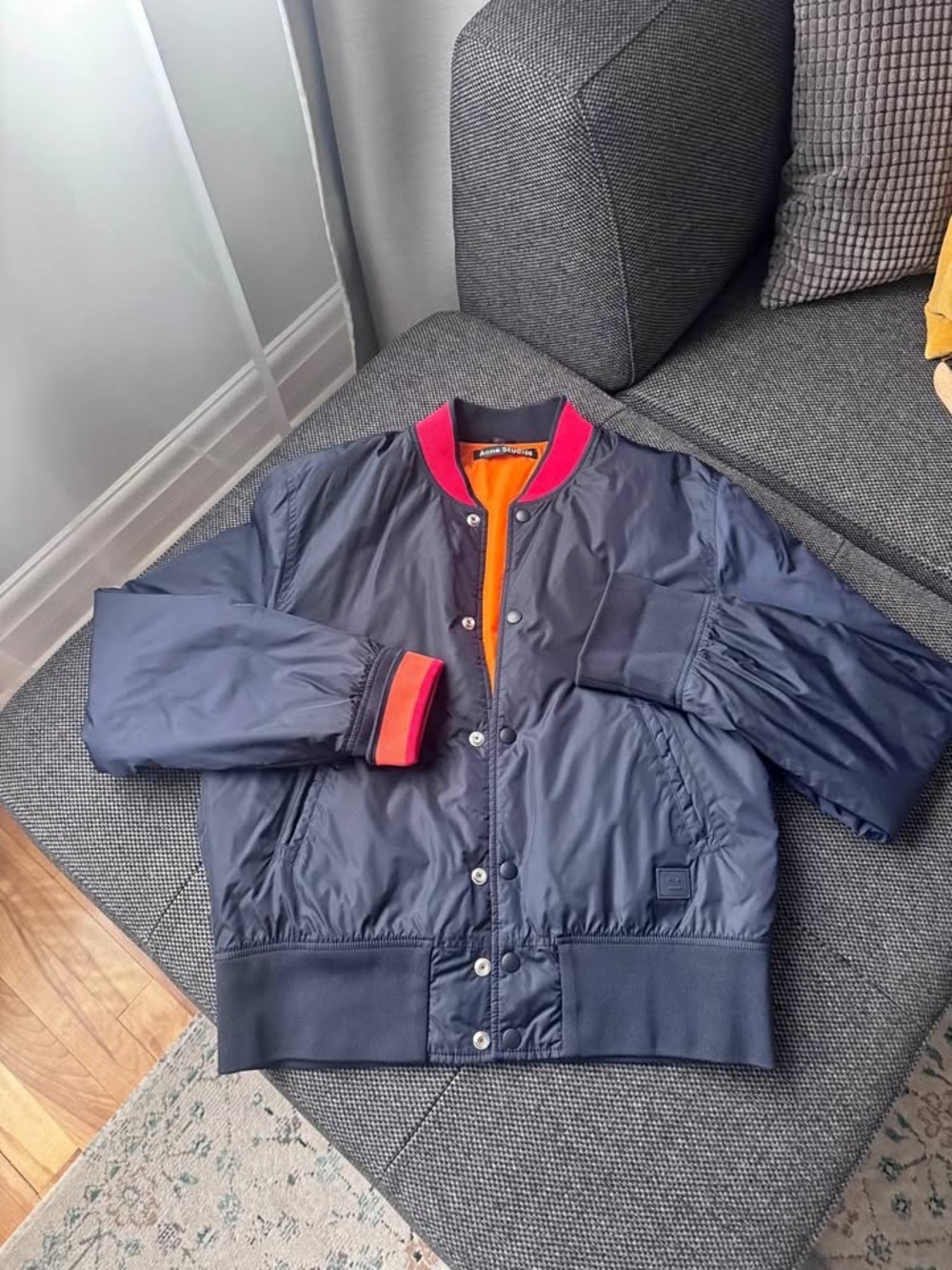 Acne Navy Bomber Jacket with Orange Interior and Red Trim